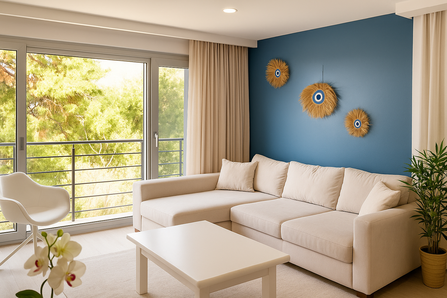 Forest-view apartment living room with cream sectional sofa, blue accent wall and balcony opening to the pines