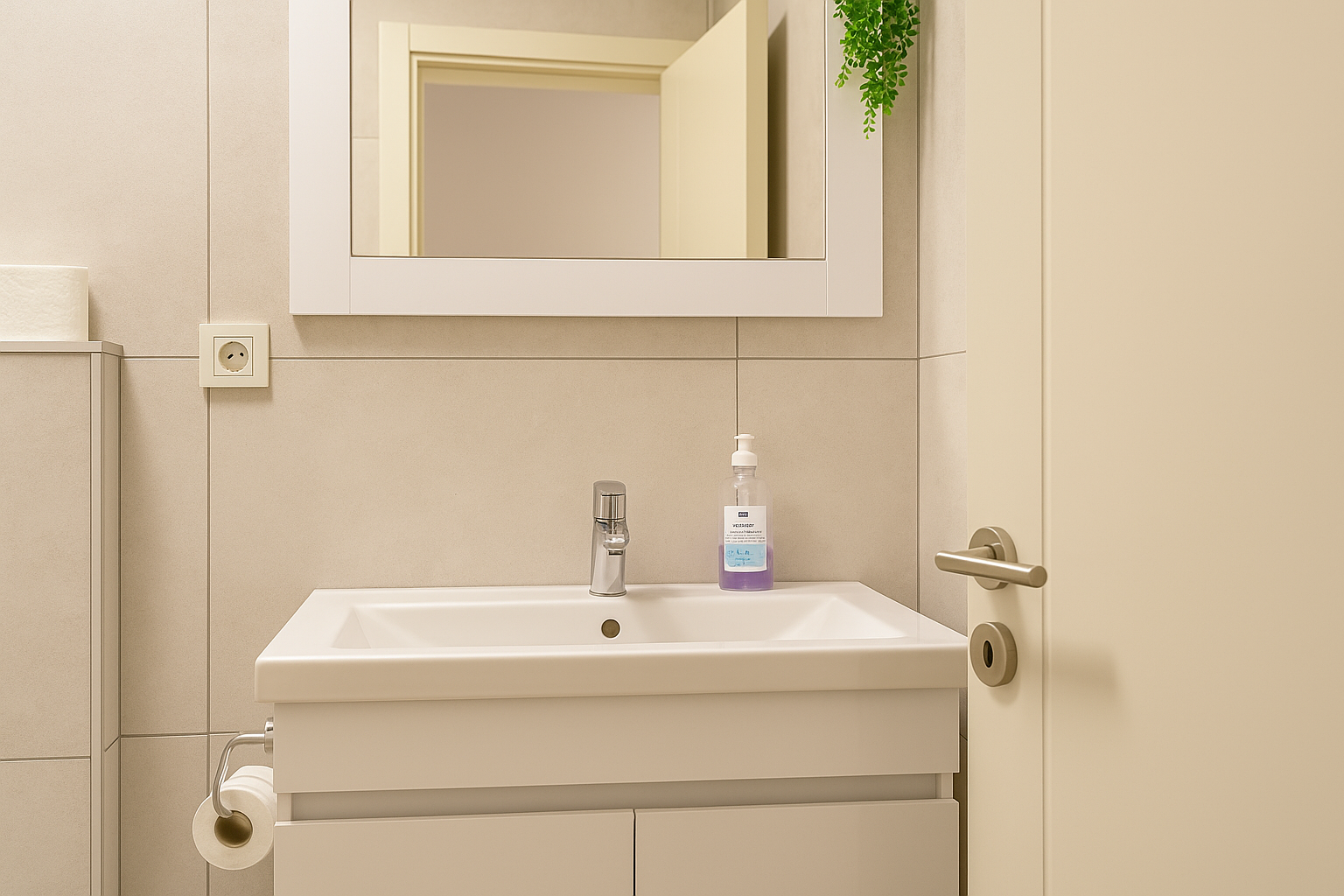 Main bathroom with vanity, framed mirror and hanging greenery