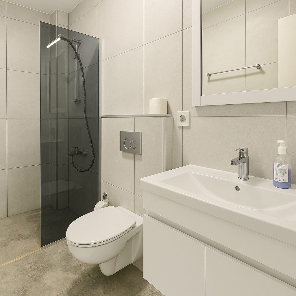 Main bathroom with walk-in shower, wall-hung WC and large vanity