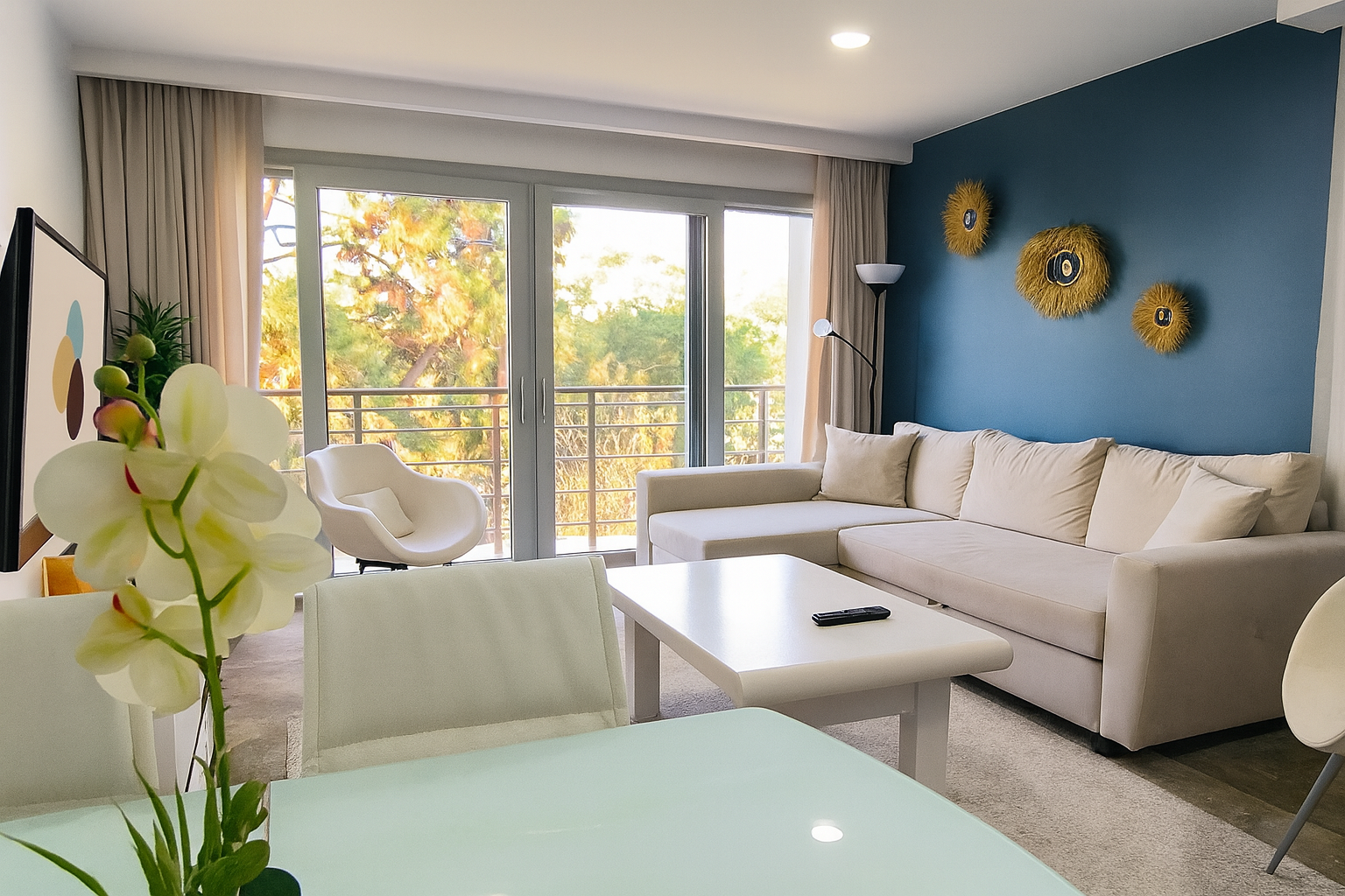Open-plan salon and dining area with blue accent wall and forest-facing balcony